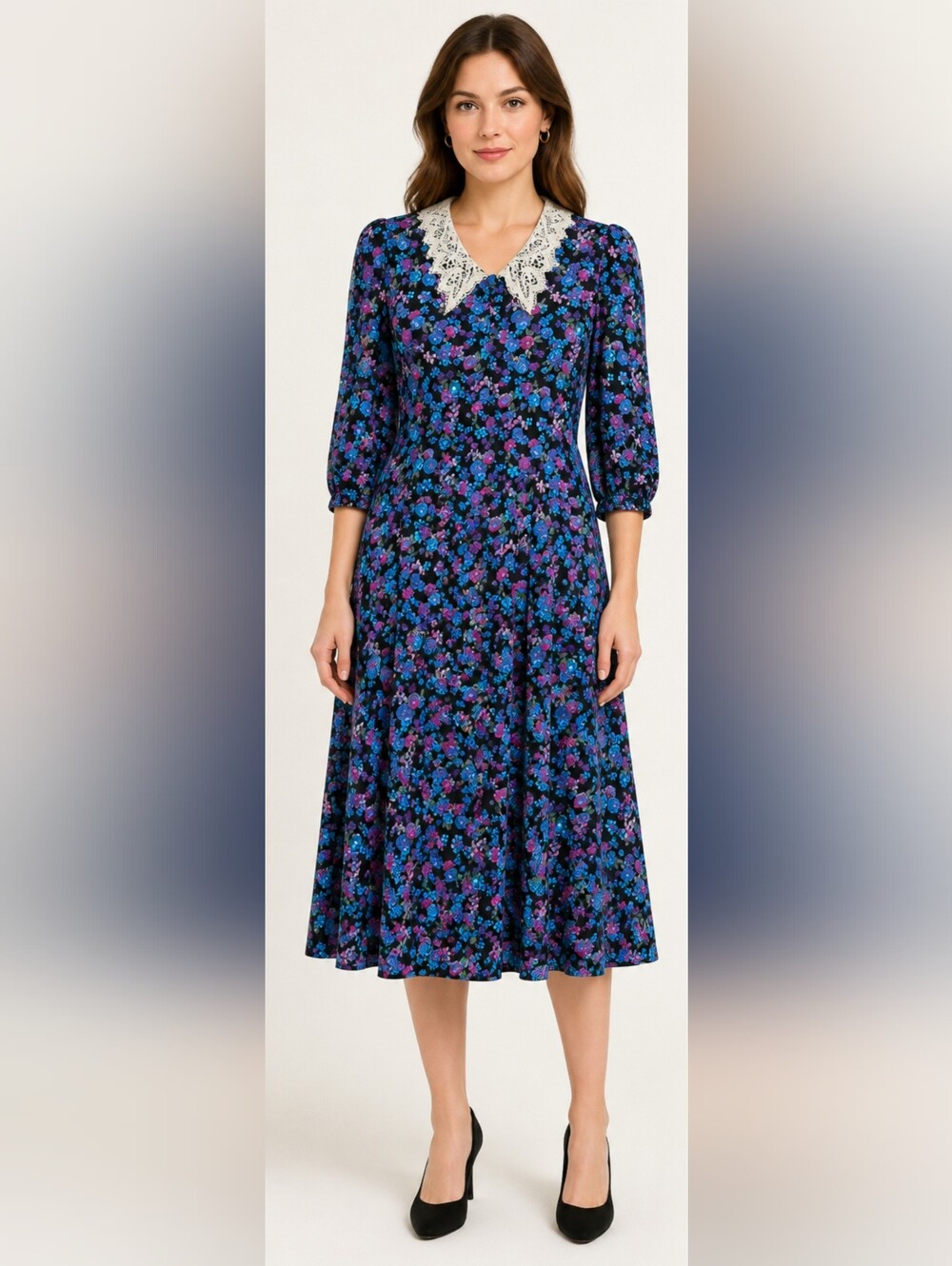 Vintage 90s Peri Petites Floral Rayon Lace Collar Midi Dress 6